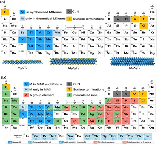Figure 1. Locations on the periodic table where the elements in MXenes, their intercalated ions, and MAX phases have their possible formulas. Three common MXene structural diagrams are included at the bottom of the page. Reproduced with permission from Ref. (Citation21).