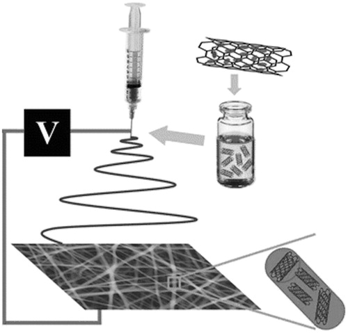 Figure 5. Schematic illustration for the process of fabrication of electrospun composite nanofibers containing doxorubicin-loaded carbon nanotubes. Reproduced from Yu et al. (Citation2015) under CC BY 4.0.