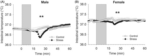 Figure 2. Effects of stress on intestinal temperature in male (A) and female (B) individuals (study 2). **p < 0.01 stress effect compared to the control condition from t = 0 until +60 min. The grey area indicates the period of stress or control exposure.