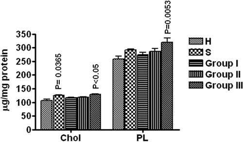 Figure 1.  Cholesterol (Chol) and Phospholipid (PL) contents of erythrocyte membrane (expressed as μg/mg proteins) H = Healthy non-smokers, S = Healthy smokers, Group I = patients of COPD stage II, Group II = Patients of COPD stage III, Group III = Patients of COPD stage IV. N = 10 in each group. Data represented as mean ± S.E.M.