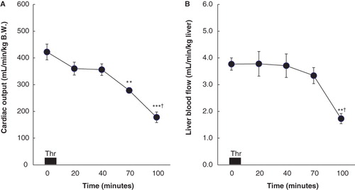 Figure 3. A: Cardiac output (CO; mL/min/kg B.W.) before (0) and 10, 30, 60, and 90 min after the end of thrombin (Thr) infusion in six rats with thrombin-induced pulmonary injury. Data are expressed as mean ± SEM. Baseline (0 min) represents steady-state values before thrombin infusion. ** P < 0.01 compared to the baseline values in CO. *** P < 0.001 compared to the baseline values in CO. † P < 0.05 compared to CO measured at 60 min after thrombin infusion. B: Liver blood flow (LBF; mL/min/kg liver) before (0) and 10, 30, 60, and 90 min after the end of thrombin (Thr) infusion in eight rats with thrombin-induced pulmonary injury. Data are expressed as mean ± SEM. Baseline (0 min) represents steady-state values before thrombin infusion. ** P < 0.01 compared to the baseline values in LBF. † P < 0.05 compared to LBF measured at 60 min after thrombin infusion.