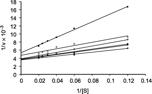 Figure 3 Double reciprocal plot of the effect of substrate concentration on purified ASB from Schistosoma-infected mouse in absence and presence of increasing concentrations of commiphora extract (0–10 mg/ml) from upper to lower lines, respectively.