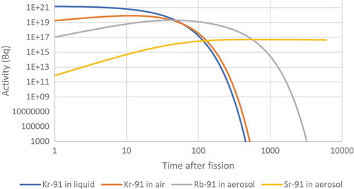 Figure 28. Prediction of the radioactivity of different nuclides with a mass of 91 in both the liquid and the headspace above a liquid.