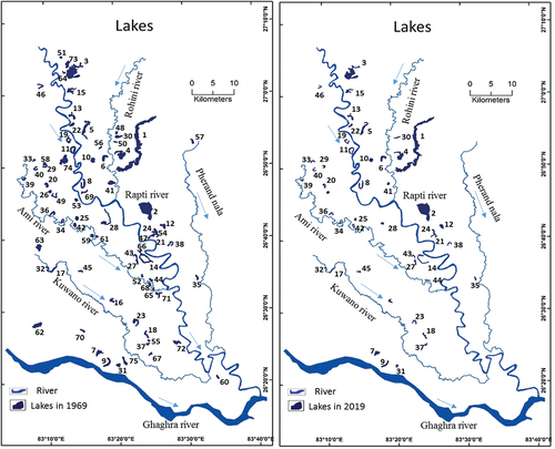 Figure 2. Lakes in 1969 and 2019 in the study site.