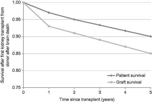 Figure 1. Graft and patient survival from the National Health Service Blood and Transplant 2011–2012 Organ Donation and Transplantation Activity ReportCitation18. Data at years 3 and 4 were linearly interpolated using values from years 2 and 5.