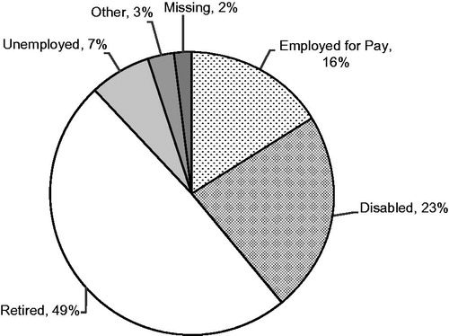 Figure 5. Overall employment status among the study subjects (N = 100). Employment status differed significantly by pain severity (p = 0.0138), with 26.1% of mild, 20.9% of moderate, and 3.0% of severe subjects employed for pay; 4.3% of mild, 18.6% of moderate, and 42.4% of severe subjects disabled; 56.5% of mild, 48.8% of moderate, and 42.4% of severe subjects retired; and 8.7% of mild, 7.0% of moderate, and 6.1% of severe subjects unemployed. Two moderate subjects and one severe subject selected ‘other’, and one mild subject and one severe subject had missing data.
