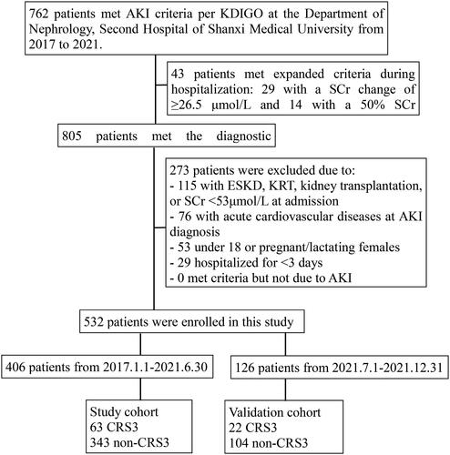 Figure 1. Flow chart.Abbreviations: AKI, acute kidney injury; CRS, cardiorenal syndrome; ESKD, end-stage kidney disease; KRT, kidney replacement therapy.