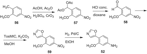Scheme 11. Synthesis of 3-methoxy-4-(5-oxazolyl)aniline 52Citation52.
