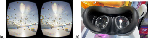 Figure 1. Commercial virtual reality systems. (a) A screen capture from the Oculus Rift system. An image is presented separately to each eyeball. The viewer sees a single, apparently three-dimensional environment, but only (b) when the images are viewed through the appropriate lenses (image shows the inside of a Meta Quest 3 headset). Image source: Wikimedia commons, CC-BY-SA.