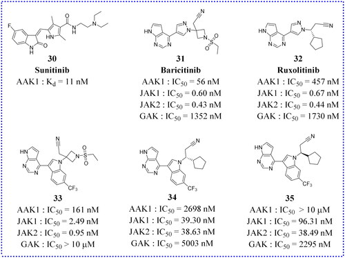 Figure 14. Chemical structures of approved drugs 30–32 and their derivatives 33–35.