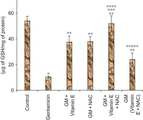 Figure 5. Effect of vitamin E and NAC on renal reduced glutathione (GSH) levels. Notes: Each bar represents the mean ± SEM of six observations. *Significantly different from control at p < 0.05, **significantly different from model control at p < 0.05, ***significantly different from vitamin E at p < 0.05, ****significantly different from NAC at p < 0.05, *****significantly different from vitamin E + NAC at p < 0.05.