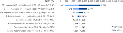 Figure 6. DSA BKZ vs. IXE (axSpA). NMB ranges obtained by applying the variations around the deterministic base case NMB to the probabilistic base case NMB. axSpA, axial spondyloarthritis; BASFI, Bath Ankylosing Spondylitis Functional Index; BKZ, bimekizumab treatment-pathway; NMB, net monetary benefit; nr, non-radiographic; trt, treatment; RR, relative risk.