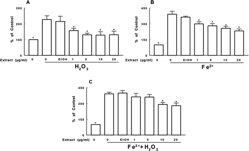 Figure 5.  Effect of T. officinale fruit extract on the deoxyribose oxidation induced by H2O2 (A), Fe2+ (B) and Fe2+ + H2O2 (C). T. officinale fruit extract (1, 5, 10 and 20 μg/mL) or vehicle (EtOH) were incubated with 3 mM deoxyribose, 50 μM FeSO4 and/or 500 μM H2O2 at 37°C for 30 min. Results are expressed as percent of control. The mean control value is 1.065 ± 0.193 nM of MDA/g of deoxyribose. * Indicates a statistically significant difference from H2O2 (A), Fe2+ (B) or Fe2+ + H2O2 (C) by one-way ANOVA, followed by Duncan’s post hoc test (p < 0.05). All experiments were performed in duplicate (n = 4).