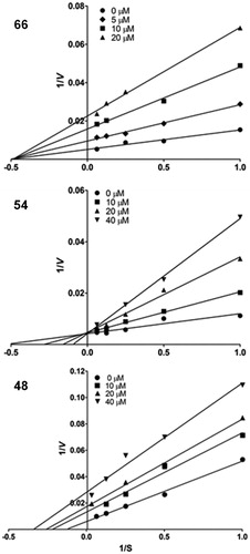 Figure 2. Lineweaver–Burk plots of the kinetic behavior of inhibitors 48, 54 and 66. The plots represent an average of at least five different experiments.
