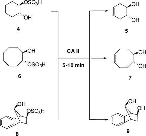 Scheme 2.  The hydrolysis reaction of compound 4, 6 and 8 with carbonic anhydrase II (CA II) isoenzyme.