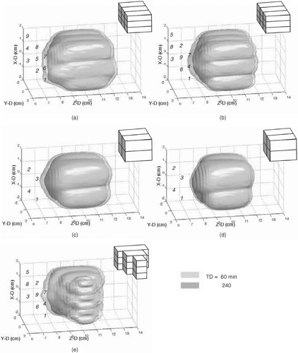 Figure 6. Three-dimensional surface views of the formed thermal lesions (in TD = 60 and 240 min) in: (a) and (b) two different heating sequences to conform a 3 × 3 × 3 cm3 cubic volume by sequentially heating nine 1 × 1 × 3 cm3 subvolumes at 1 kg/m3/s of blood perfusion rate; (c) and (d) conforming a 3 × 3 × 3 cm3 cubic volume by sequentially heating four 1.5 × 1.5 × 3 cm3 subvolumes at 1 and 10 kg/m3/s of blood perfusion rates, respectively; (e) conforming an irregular volumes by sequentially heating 1 × 1 × 1, 1 × 1 × 2, and 1 × 1 × 3 cm3 subvolumes. The numbers were denoted as the sequence of each subvolume heating, and a 3D cartoon object located at upper-right corner of each subplot represents the shapes and heating unit divisions to the entire target volume.