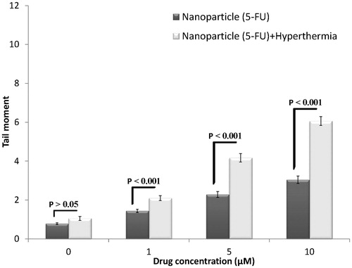 Figure 7. Effects of 5-FU-loaded PLGA-coated iron-free nanoparticles with and without hyperthermia on induced DNA damages of HT-29 spheroid culture cells. Mean ± SEM of three experiments.
