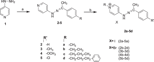 Scheme 1.  The synthesis pathway and the structures of the compounds. (a) substituted acetophenon, C2H5OH, reflux and (b) RX, C2H5OH, reflux.