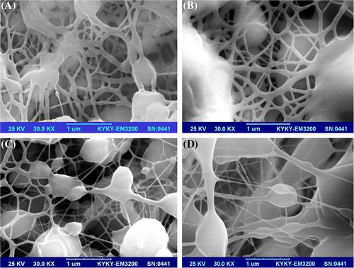 Figure 4. SEM images of (horizontal setup, 10 cm, flow rate of 3 ml/h) electrospun nanofibers, 25 kV, 30% wt polymer, 30 KX: (A); PCL-PEG2000-PCL, (B); PCL-PEG3000-PCL, (C); PCL-PEG4000-PCL, (D);PCL-PEG6000-PCL.
