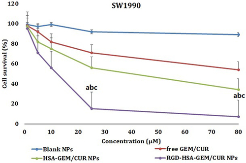 Figure 4 In vitro viability of different NPs formulations in SW1990 cells. Data represents mean ± SD (n = 3). A Cell viability cultured with Blank NPs; free GEM/CUR, HSA-GEM/CUR NPs and RGD-HSA-GEM/CUR NPs at various concentrations of GEM/CUR after 24 h. (ap <0.05, RGD-HSA-GEM/CUR NPs vs Blank NPs; bp <0.05, RGD-HSA-GEM/CUR NPs vs free GEM/CUR, cp <0.05, RGD-HSA-GEM/CUR NPs vs HSA-GEM/CUR NPs).