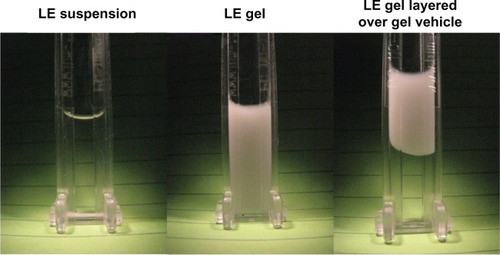 Figure 4 Sedimentation of LE 0.5% suspension and LE 0.5% gel formulations under 120× g at 1000 rpm (116–145× g) for 24 hours using a LUMiSizer dispersion analyzer (LUM GmbH, Berlin, Germany).