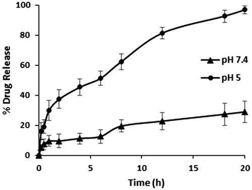 Figure 5. In vitro DOX release behaviors of DOX-loaded AuNPs in phosphate buffer (pH 7.4) and acetate buffer (pH 5).