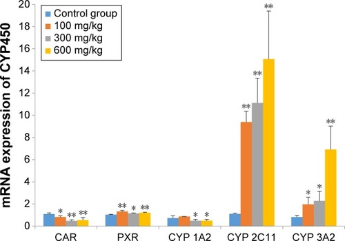 Figure 5 Effects of ZnO nanoparticles on mRNA expression of nuclear receptors and CYP enzymes.Notes: *Significant difference from the control group (P<0.05); **significant difference from the control group (P<0.01).Abbreviations: CAR, constitutive androstane receptor; PXR, pregnane X receptor; CYP, cytochrome; ZnO, zinc oxide.