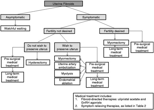 Figure 3. Uterine fibroid treatment algorithm. Please refer to Table 2 for advantages and disadvantages of the different therapeutic approaches.