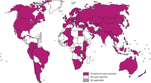 Figure 2. Countries that had notified at least one case of XDR-TB by the end of 2012. Figure reproduced with kind permission from the World health Organization (Citation12).