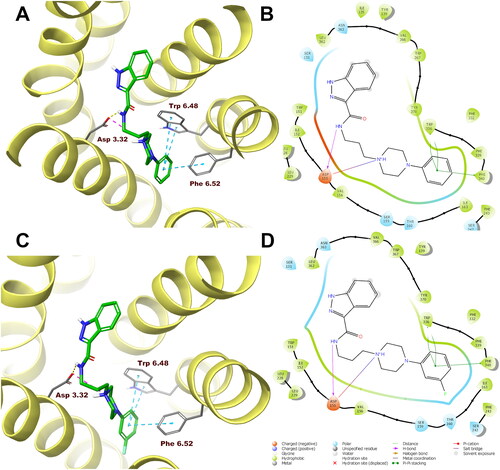 Figure 6. Compounds 1 (A, B) and 10 (C, D) in the binding pocket of the human serotonin 5-HT2A receptor. (A, C) 3D view of the binding site. Ligands are represented as sticks with green carbon atoms. Protein is represented as yellow ribbons, main interacting residues are shown as sticks with grey carbon atoms. Electrostatic interactions are shown as pink dashed lines, hydrogen bonds as yellow dashed lines, π–π stacking as light blue dashed lines. Non-polar hydrogen atoms were omitted for clarity. (B, D) 2D view of the binding site.