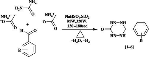 Scheme 1 Three components novel ’one-pot’ synthesis of some 6-aryl-1,2,4,5-tetrazinan-3-ones catalyzed by NaHSO4.SiO2 in dry ’media’.