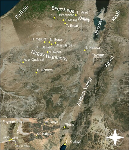 Figure 1. Location of Iron Age sites in southern Jordan and the Negev.
