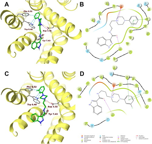 Figure 4. Compounds 1 (A, B) and 10 (C, D) in the binding pocket of the human dopamine D2 receptor. (A, C) 3D view of the binding site. Ligands are represented as sticks with green carbon atoms. Protein is represented as yellow ribbons, main interacting residues are shown as sticks with grey carbon atoms. Electrostatic interactions are shown as pink dashed lines, hydrogen bonds as yellow dashed lines, π–π stacking as light blue dashed lines. Non-polar hydrogen atoms were omitted for clarity. (B, D) 2D view of the binding site.