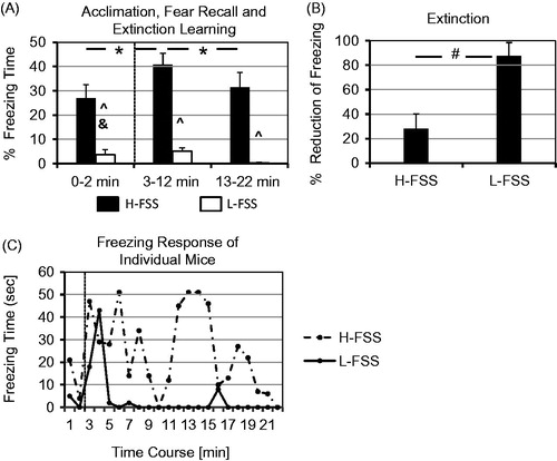 Figure 1. The DxH recombinant inbred mouse strains both have a DBA/2J background, but the high-fear sensitized startle (H-FSS) strain has an insertion of four chromosomal C3H/2JHd segments into the DBA/2JHd background compared to the low (L)-FSS strain. (A) Increase in freezing duration following acclimation (0–2 min), and extinction learning during the first versus last 10 min of presentation of conditioned acoustic stimuli (CS). *p < 0.05 for fear recall (acclimation versus 3–12 min) and extinction learning (3–12 min versus 13–22 min), ^p < 0.05 for strain differences, &p < 0.05 strain x fear recall interaction. (B) H-FSS mice also show a severe extinction deficit in their freezing response. #p < 0.05 for strain differences. (C) Brief freezing in individual L-FSS mice upon CS presentation that declines rapidly, whereas H-FSS mice show generalized fear responses during acclimation and a deficit in extinction learning.