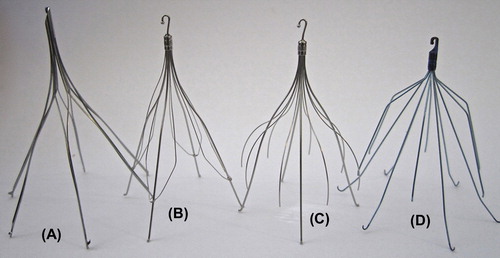 Figure 2. Retrievable IVC filters. (A) Rex Medical Option. (B) Cook Gunther Tulip. (C) Cook Celect. (D) Bard G2x.
