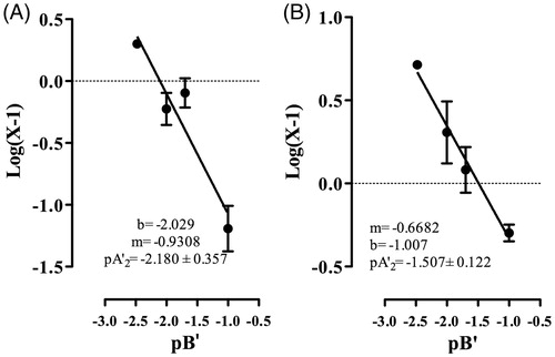 Figure 2. Modified Schild plot for noncompetitive antagonism effect, according to the equation pA2′ = pBx′ + Log (X-1), where pBx′ is the negative logarithm of the concentration (-Log B′) of antagonist (AMEO) and X is the ratio between maximal effect (Emax) of (A) carbachol or (B) histamine in the absence of antagonist (AMEO) and that in the presence of antagonist (AMEO on guinea-pig tracheal tissue. The pA2′ value is the abscissa to the origin of the graph Log (X-1) vs pBx′, when X = 2. Each point represents mean ± S.E.M. of at least six experiments.