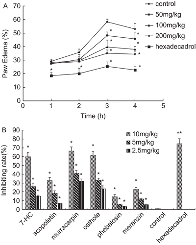 Figure 5.  (A) Inhibitory action of the ethanol extracts on carrageenan- induced paw edema in rats. (B) Inhibitory action of the isolated compounds on carrageenan-induced paw edema in rat. Results are expressed as mean ± SD, (n = 6), *P < 0.05 and **P < 0.01 compared with control.
