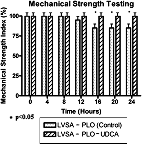 Figure 4. The percentage of intact microcapsules remaining over time for β-cells containing LVSA-PLO and LVSA-PLO-UDCA microcapsules (total duration = 24 h). Initially, both formulations displayed identical resistance to vibrational stress, but conventional LVSA-PLO microcapsules eventually sustained damage and breakage toward the end of the experiment while UDCA reinforced microcapsules displayed significantly better recovery.