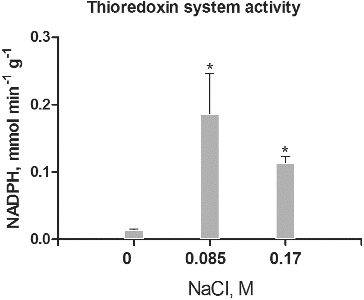 Figure 3. Thioredoxin/thioredoxin reductase system activity in salt-treated suspension cultures. Columns represent mean values and ±SD (n = 3). Significant values, compared to controls are indicated (*) as calculated by Student's t-test, p < 0.05. Activity is expressed as mmol oxidized NADPH per minute per g protein.