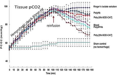 Figure 4. Comparison of pCO2. The above measurements of each group were pooled together for comparison. Sham control measurement, where no blood loss occurred, was added as control. The results showed that reinfusion with polyHb-SOD-CAT-CA reduced this to 68.6 ± 3 mmHg in 1 h. This was significantly (p < 0.05) more effective than lactated Ringer's solution (98 ± 4.5 mmHg), polyHb (90.1 ± 4.0 mmHg), polyHb-SOD-CAT (90.9 ± 1.4 mmHg), blood (79.1 ± 4.7 mmHg), and polySFHb (77 ± 5 mmHg).