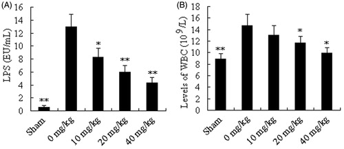Figure 3. Effects of AT-I on LPS and WBC level of mice after CLP surgery. Mice were divided into five groups (n = 15): sham, control (0 mg/kg), AT-I (10, 20, and 40 mg/kg, ip). Asterisks indicated significant difference from control group, *p < 0.05, **p < 0.01.