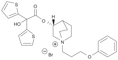 Figure 2 Chemical structure of aclidinium bromide.Reproduced with permission. Gavalda A, Miralpeix M, Ramos I, et al. Characterization of aclidinium bromide, a novel inhaled muscarinic antagonist, with long duration of action and a favorable pharmacological profile. J Pharmacol Exp Ther. 2009;331(2):740–751.Citation17© American Society for Pharmacology and Experimental Therapeutics.