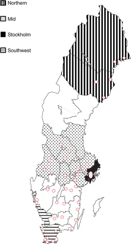 Fig. 1 The four investigated regions in Sweden. Circles indicate hospitals with pulmonary rehabilitation according to Wadell et al. (Citation15).