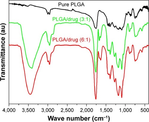 Figure 6 FTIR spectra of pure PLGA and andrographolide-loaded PLGA nanofibers.Abbreviations: FTIR, Fourier transform infrared; PLGA, poly[(d,l)-lactide-co-glycolide].
