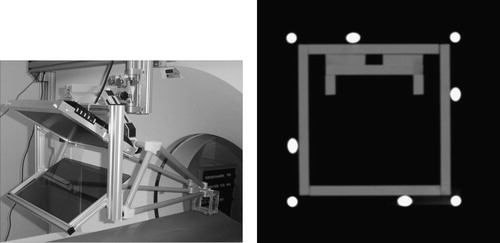 Figure 8. Stereotactic calibration adapter mounted on the image overlay device (left) and CT image of the adapter (right). The CT image shows sharp marks from the rods that can be conveniently segmented.