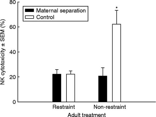 Figure 3.  Mean NK cell activity ( ± SEM) for all animals in the ‘maternal separation’ versus ‘control’ conditions across ‘restraint’ versus ‘non-restraint’ conditions, E:T ratio 4:1 for male rats (n ≅ 7 per group; ANOVA [F{1,23} = 6.3, P < 0.05]). Planned comparisons revealed that NK cytotoxicity was significantly higher in control rats subjected to neither maternal separation nor chronic restraint stress in adulthood compared with all other groups (*P < 0.05, for all).