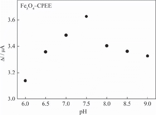 Figure 4. The effect of buffer pH on the response of Fe3O4‐CPEE (0.05 M phosphate buffer, + 0.30 V).