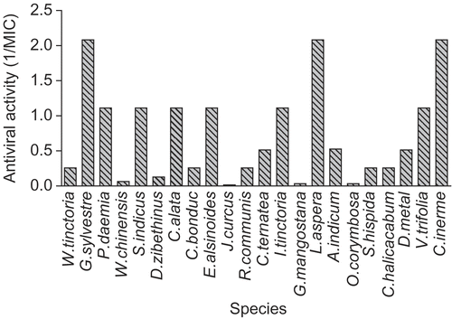 Figure 2.  Anti-coronavirus (MCV) extracts (virucidal protocol). Results for each of the indicated species are plotted as reciprocals of the MIC (minimum inhibitory concentration) in μg/mL. The higher the bar, the greater the antiviral activity. Thus a value of 2.0 represents a MIC of 0.5 μg/mL (or less in some cases) other plant species showed no activity.