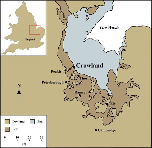 Figure 1. The location of Crowland on the western fen edge, with other key sites mentioned in the text (authors, adapted from Oosthuizen Citation2016).