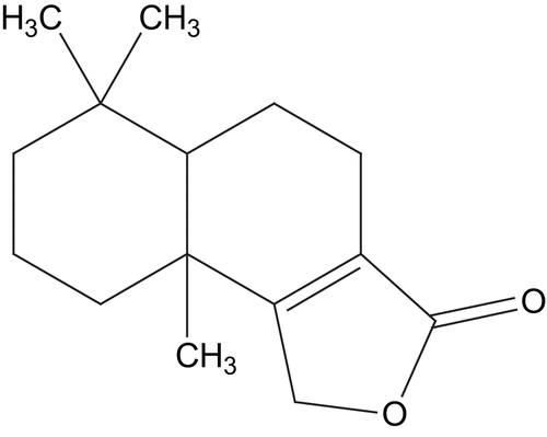 Figure 1.  Confertifolin (6,6,9a-trimethyl-4, 5,5a,6,7,8,9,9a-octahydronaphtho[1,2-c] furan-3 (1H)-one) isolated from Polygonum hydropiper.